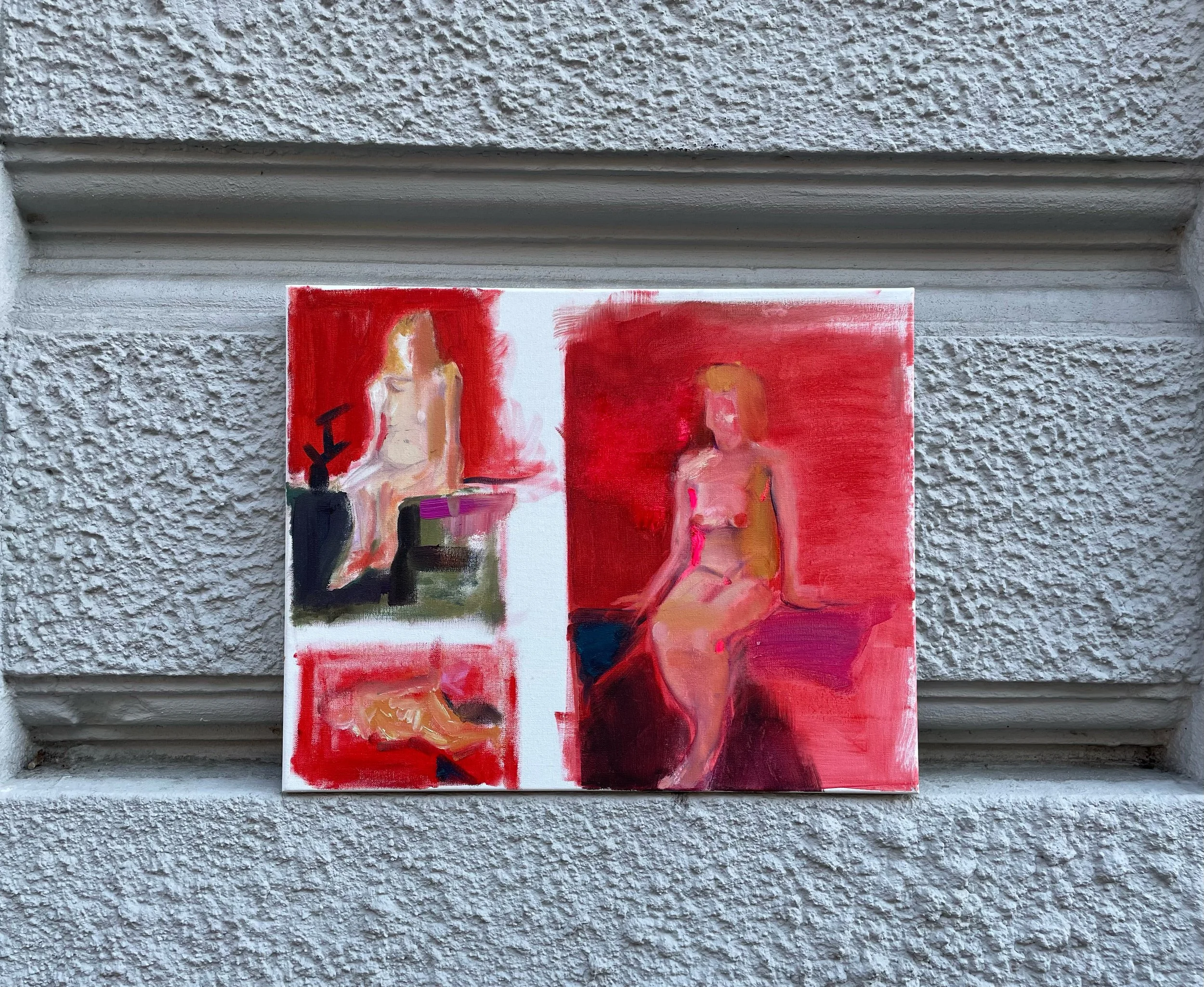 Three Figures by Matteo Grillo is a contemporary figurative painting exploring the human form through fragmented female figures, vivid reds and an intimate, suspended atmosphere.