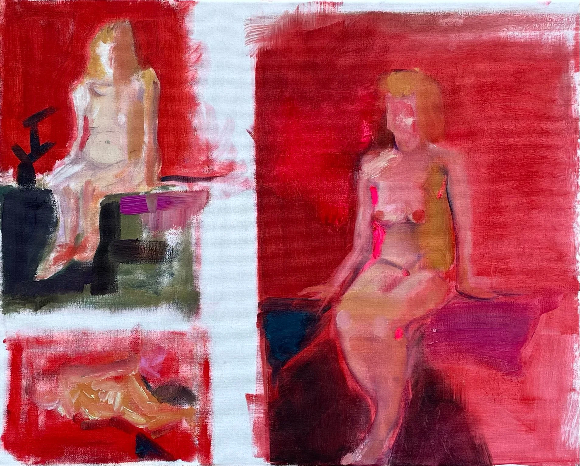 Three Figures by Matteo Grillo is a contemporary figurative painting exploring the human form through fragmented female figures, vivid reds and an intimate, suspended atmosphere.