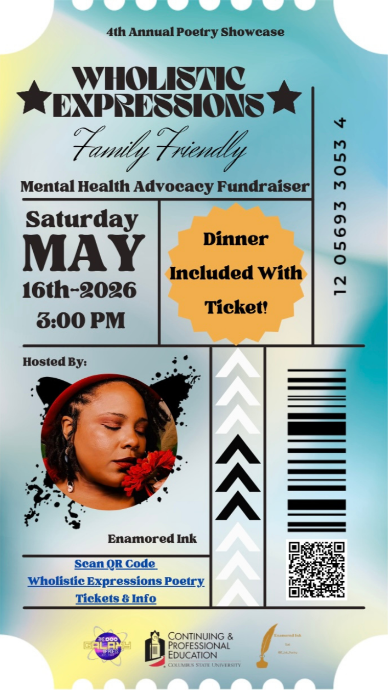 Flyer for the 4th Annual Poetry Showcase with event details including date, time, location, and ticket information. Features a photo of a woman holding a red flower, hosted by Enamored Ink, promoting a mental health advocacy fundraiser with dinner included.