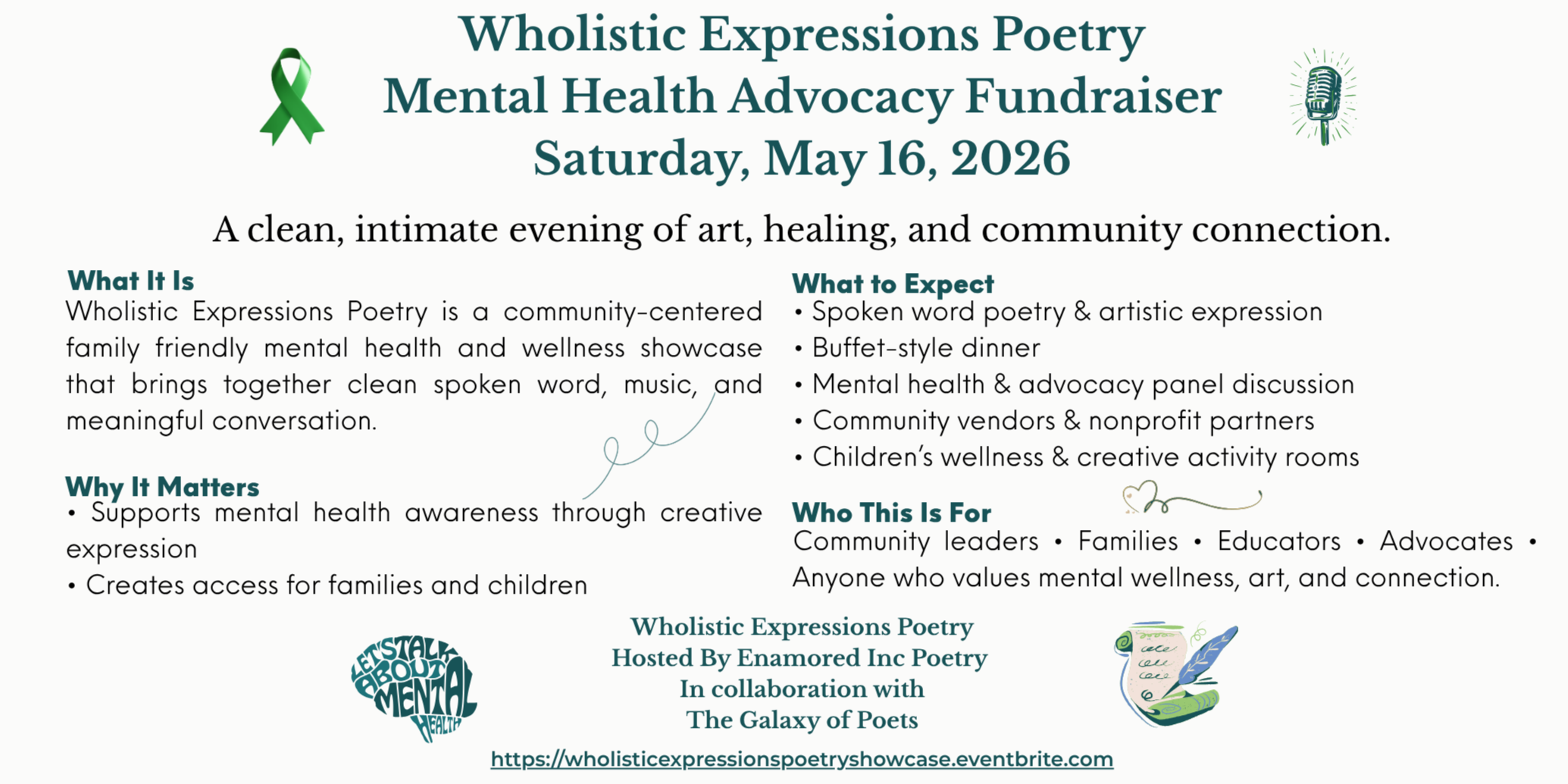 Flyer for Wholistic Expressions Poetry Mental Health Advocacy Fundraiser on May 16, 2026, with event details including community focus, activities, and collaborators, featuring graphics of a green ribbon, microphone, and quill.