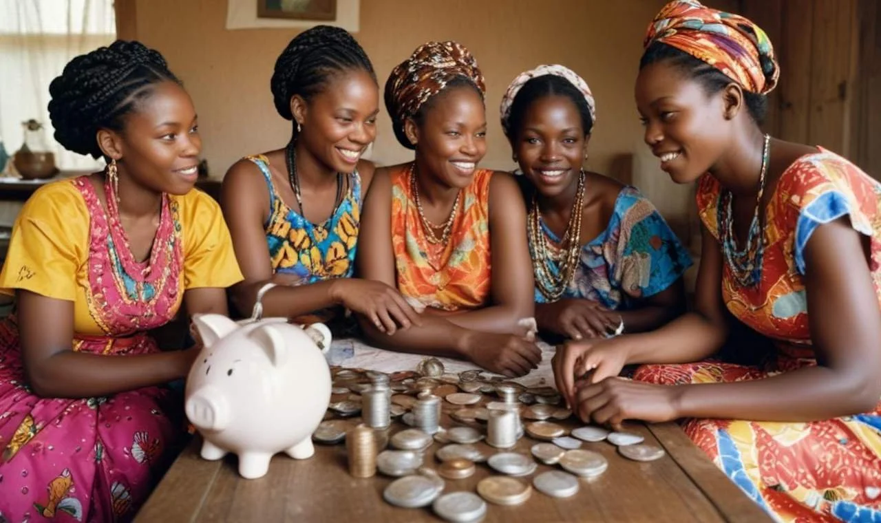 Cinq femmes africaines souriantes, portant des vêtements colorés traditionnels et des turbans, sont assises autour d'une table avec des pièces de monnaie et un cochon en poupée en porcelaine.