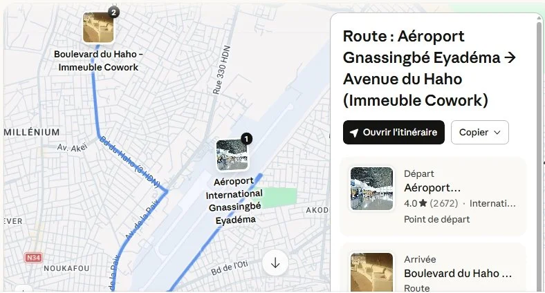 Carte montrant un itinéraire entre l'aéroport international Gnassingbé Eyadéma et l'avenue du Haho, avec des points de départ et d'arrivée indiqués.