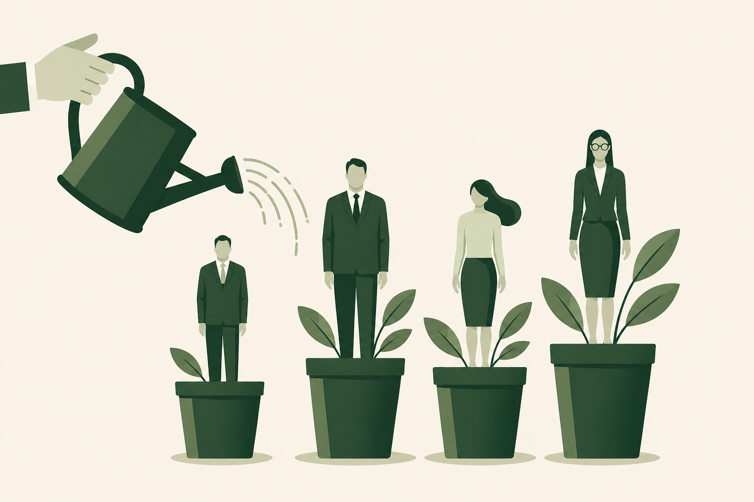 A hand watering growing plants that have businesspeople as leaves, representing growth or development in a professional or career context.