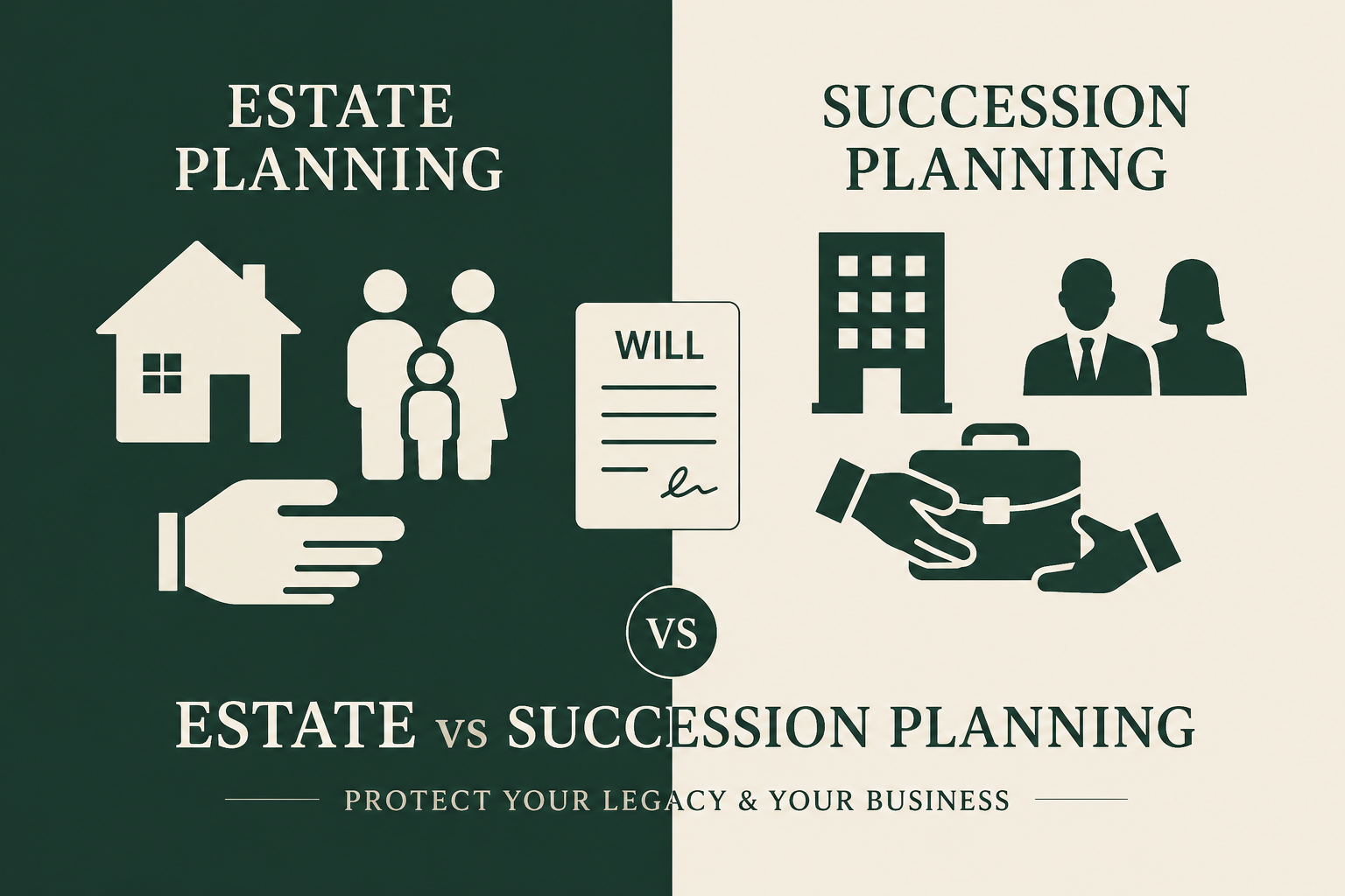 Comparison of estate planning and succession planning with icons of a house, family, and handshake
