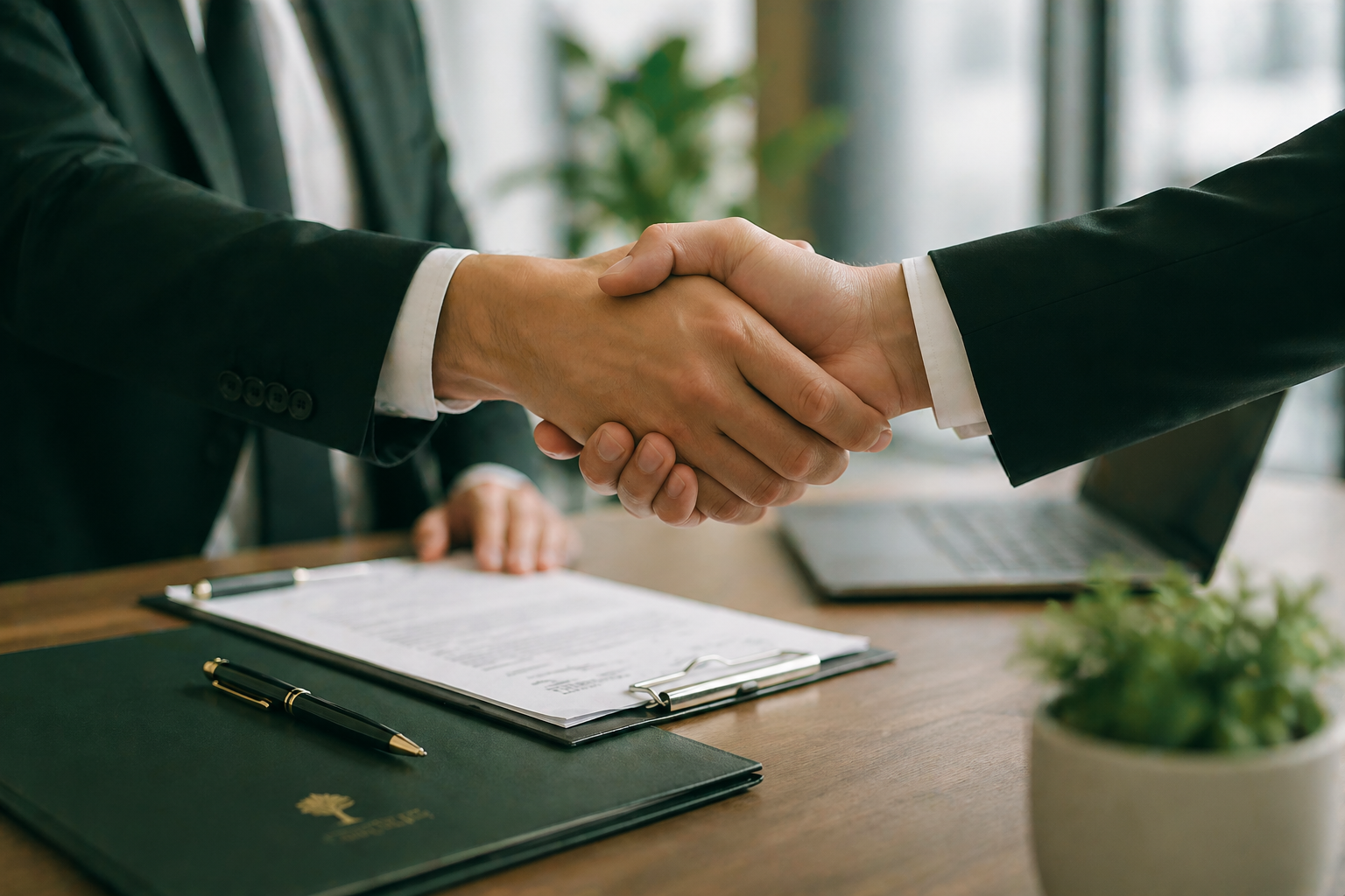 Two people in suits shaking hands across a desk with a clipboard, pen, and laptop, suggesting a business agreement or deal.