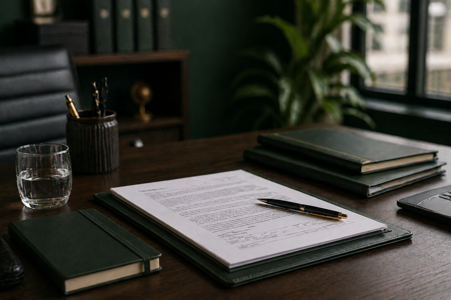 Office desk with documents, a pen, notebooks, a glass of water, and a pen holder, with shelves and a window in the background.
