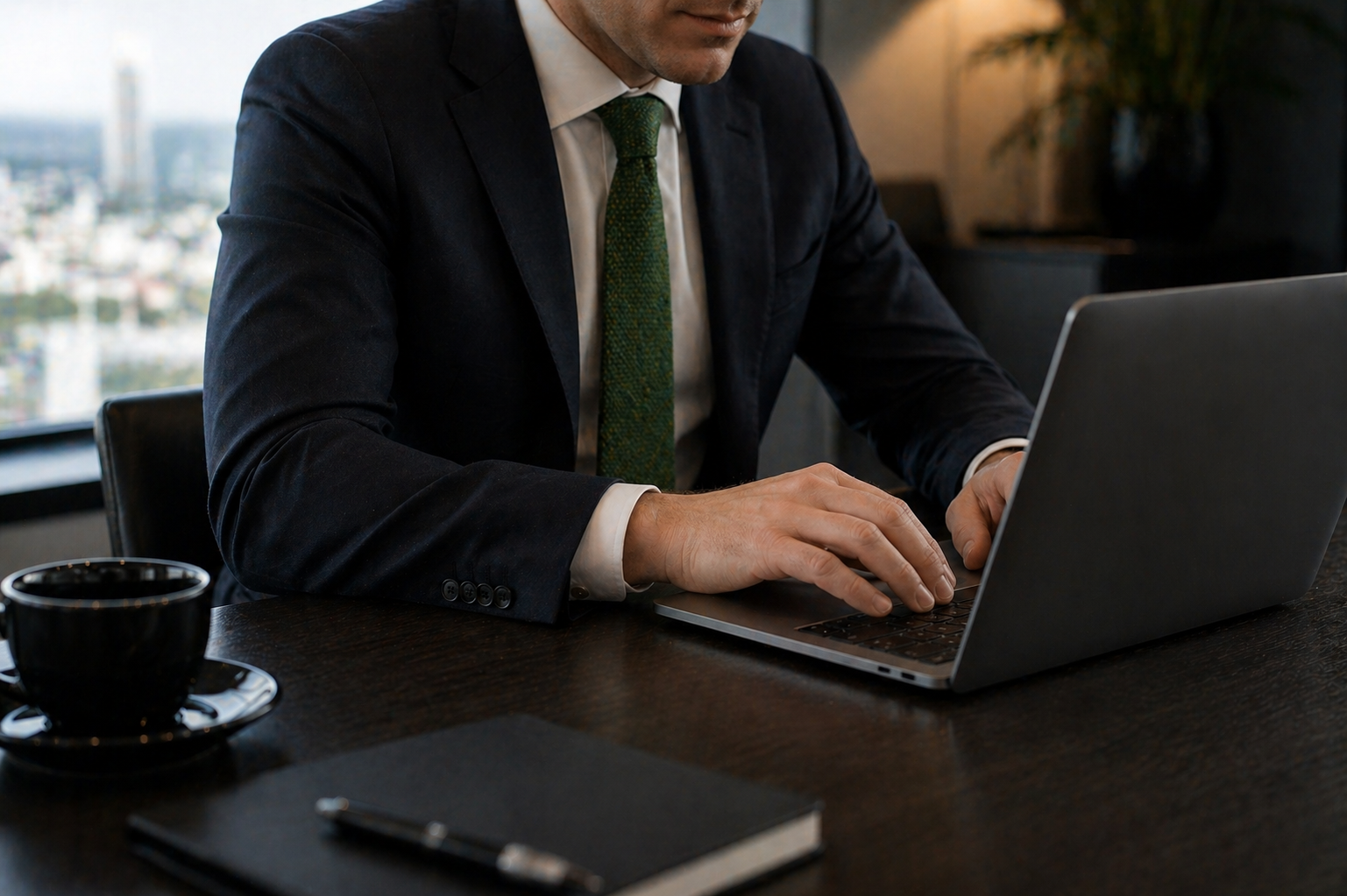 A man in a business suit typing on a laptop at a desk in an office with a city view in the background.