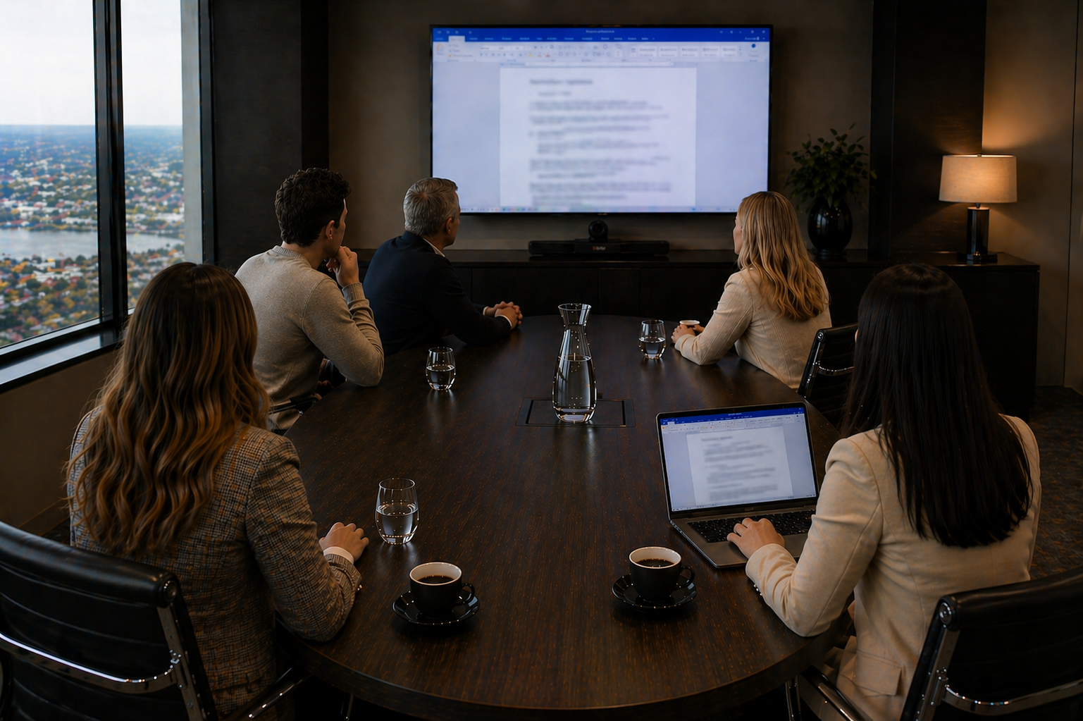 Five people are sitting at a large conference table in a high-rise office, watching a presentation on a large screen. There is a view of a city with a river outside the window.