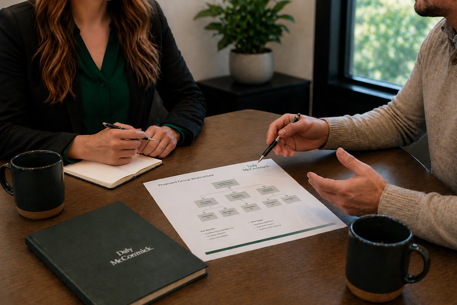 Two people discussing a proposed group restructure at a wooden table with coffee mugs, a notebook, and a document showing an organizational chart.