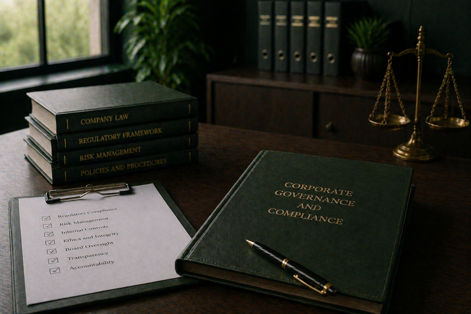 Desk with legal and compliance books, a checklist on a clipboard, a pen, a scale of justice, and a plant near a window.