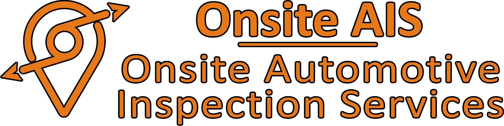 Logo for Onsite AIS, an automotive inspection service. Features a map marker icon with arrows indicating inspection or movement, in orange and black colors.