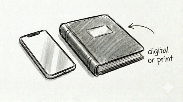 A sketch of a smartphone and a hardcover book with a label indicating digital or print format.