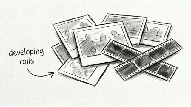 Sketch of developing photo negatives and printed photos, with an arrow pointing to the negatives labeled 'developing rolls'.
