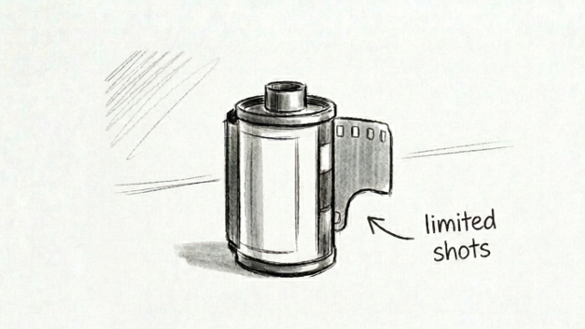 A hand-drawn sketch of a film roll with a note indicating limited shots.