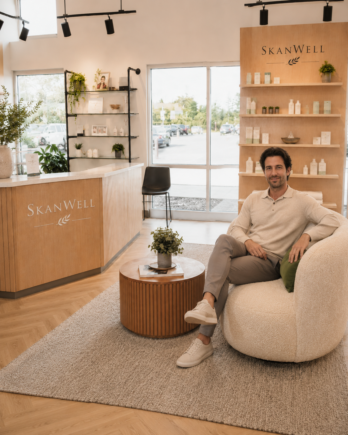 A patient sitting in a rendering of SkanWell