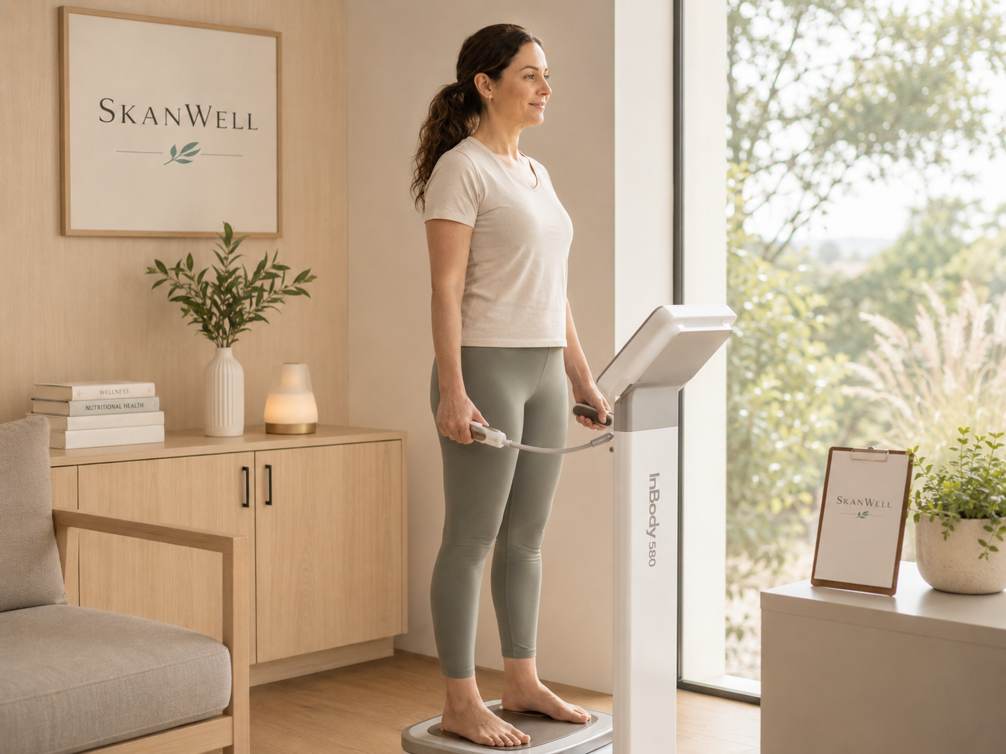 A patient receiving a body composition analysis and consultation at SkanWell in Camillus, NY
