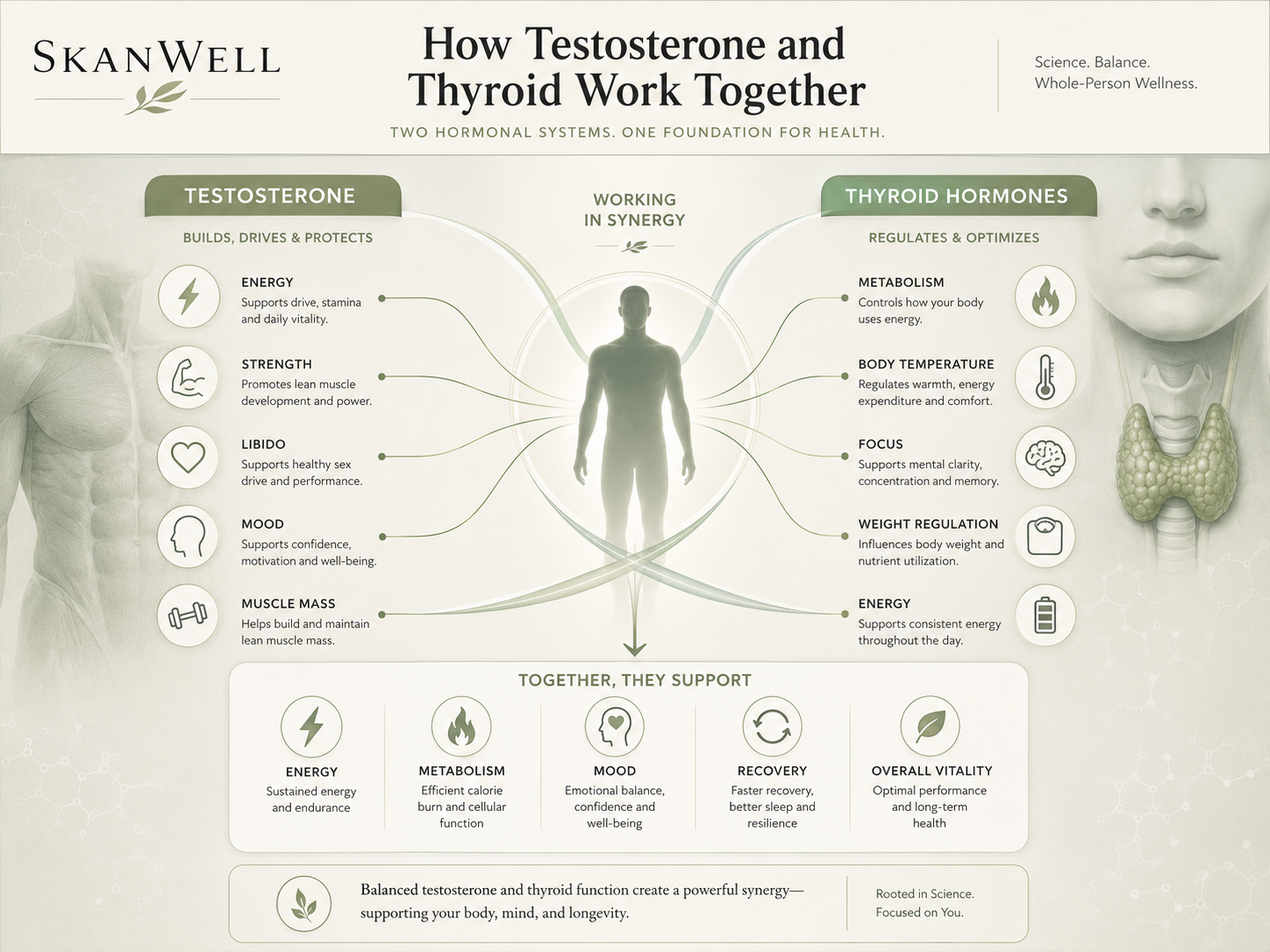 A diagram explaining the link between Testosterone and Thyroid hormones