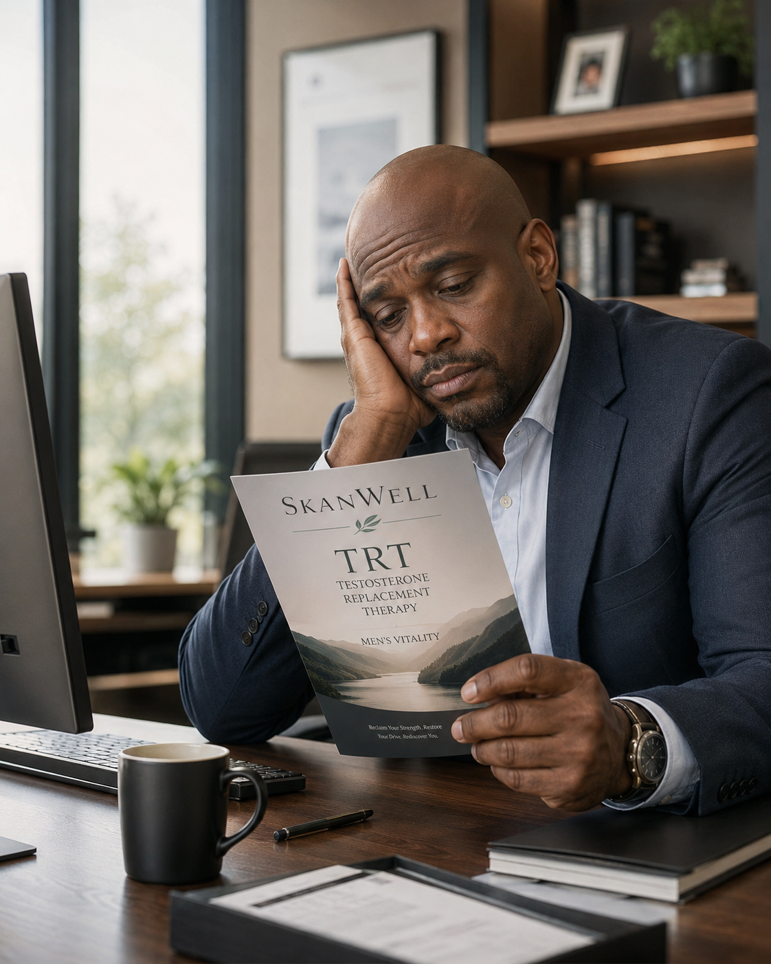 An image of a tired man in his 40's at his desk considering calling SkanWell for TRT.