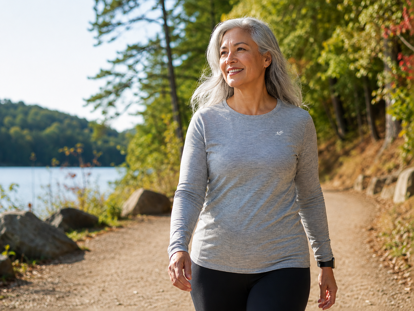 A women in her 50's out for a walk in the Adirondack mountains