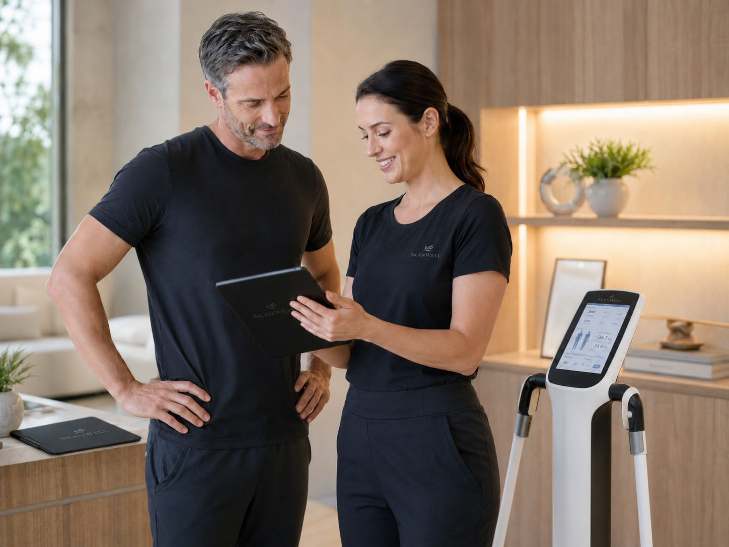 A patient receiving a body composition analysis and consultation at SkanWell in Camillus, NY