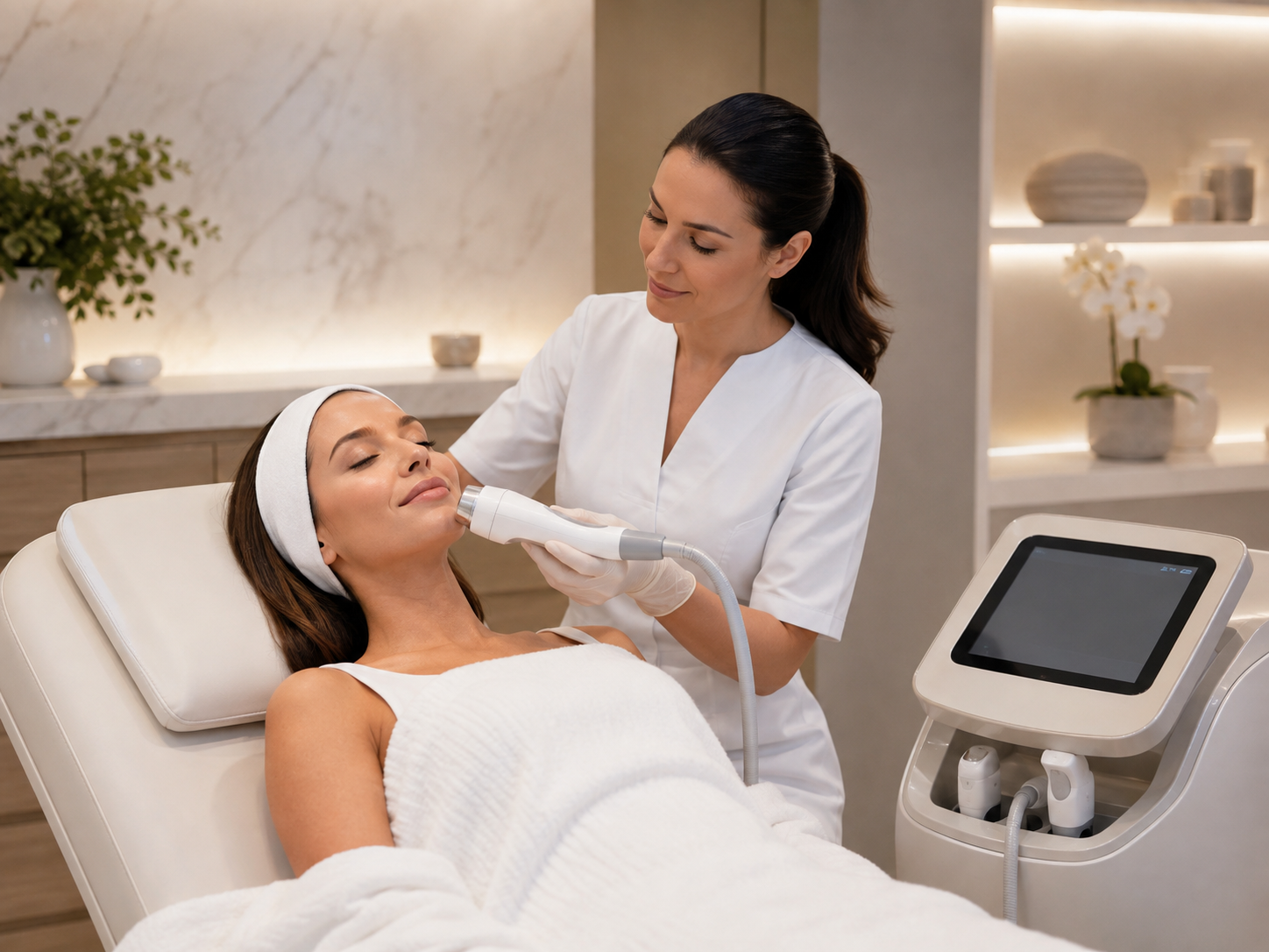A patient receiving an advanced skin treatment treatment at SkanWell in Camillus, NY using Candela Laser Equipment - Auburn, NY