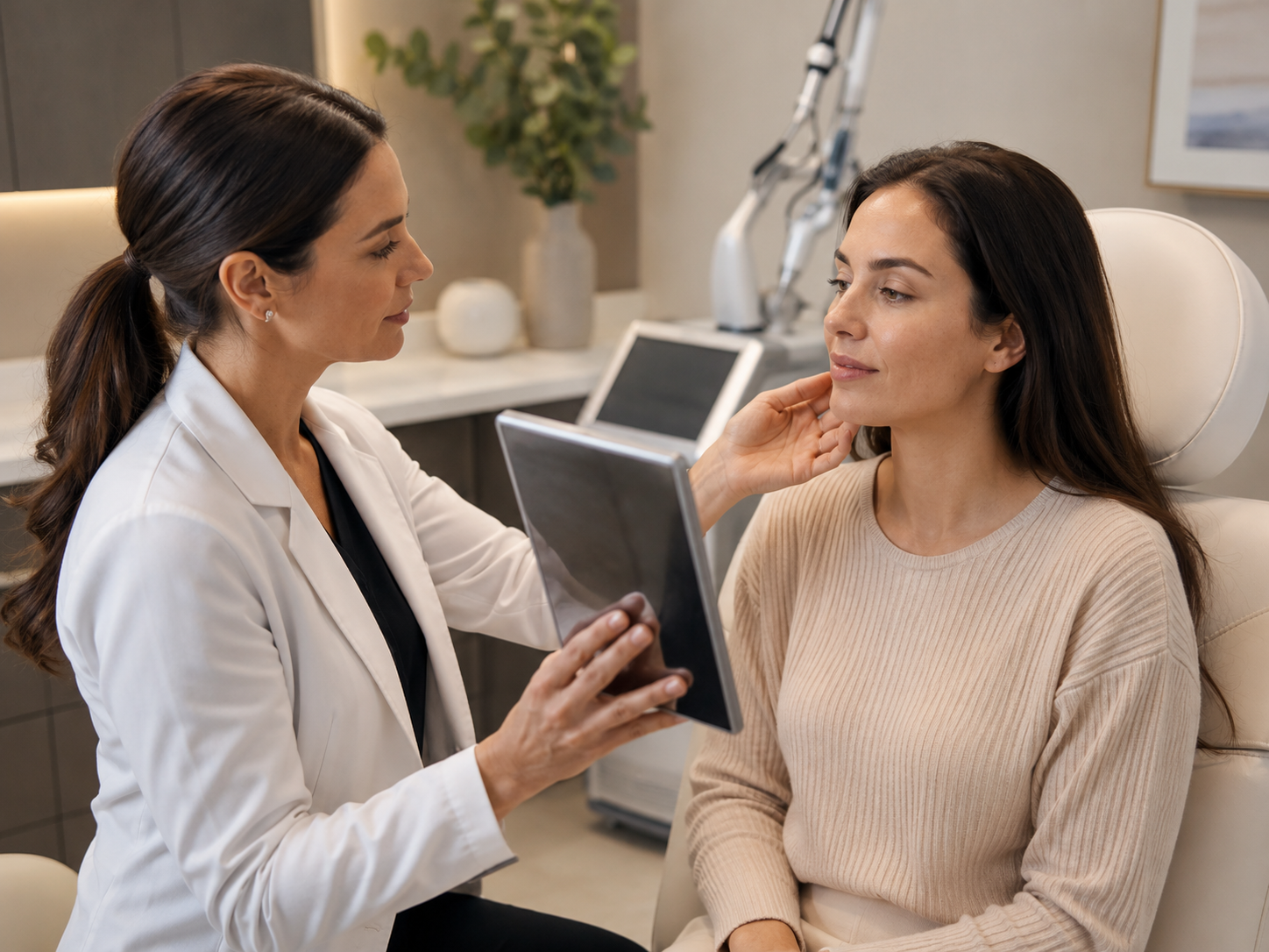 A patient receiving an advanced skin treatment consultation at SkanWell in Camillus, NY using Candela Laser Equipment - Liverpool, NY