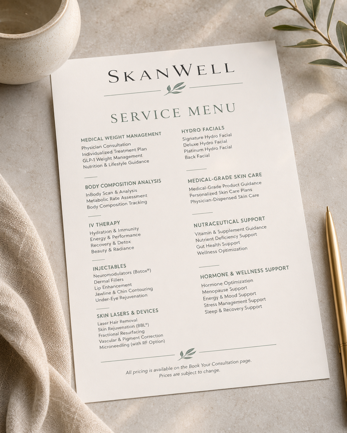 Service menu of treatments at SkanWell in Camillus NY