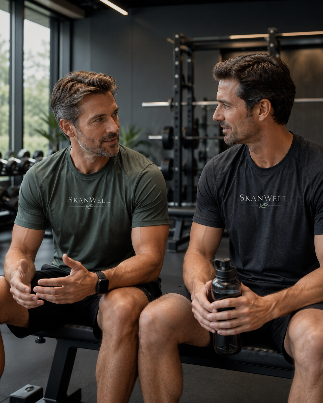 Two Men sitting in a Gym having a conversation about TRT therapy at SkanWell in Camillus, NY.