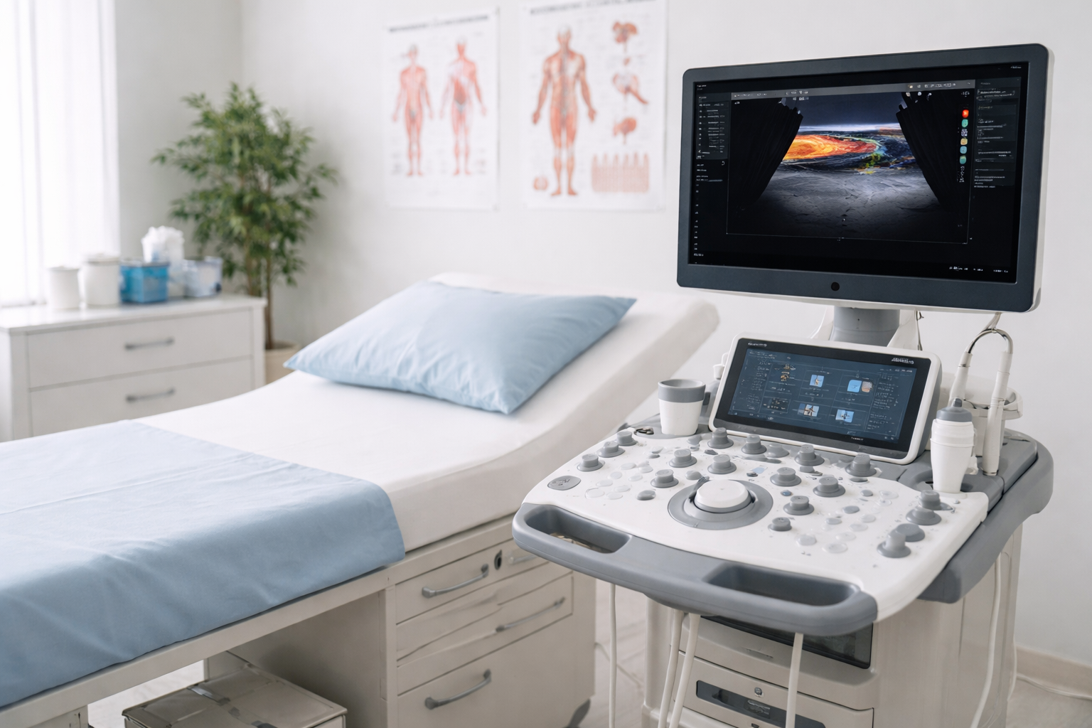 A hospital room with an examination bed dressed in light blue sheets and pillow, an ultrasound machine with a monitor and control panel nearby, a cup and water bottle on the machine, and posters of the human muscular system on the wall. There is also a window with vertical blinds and a small dresser with medical supplies, with a potted plant in the corner.