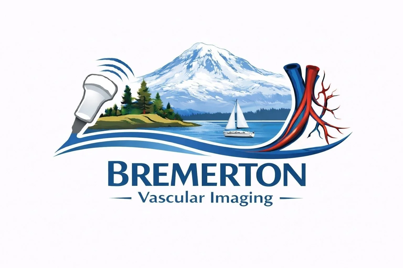Illustration of a mountain with snow, trees, a boat on water, an artery with blood vessels, and an ultrasound probe, with the text "BREMERTON Vascular Imaging".