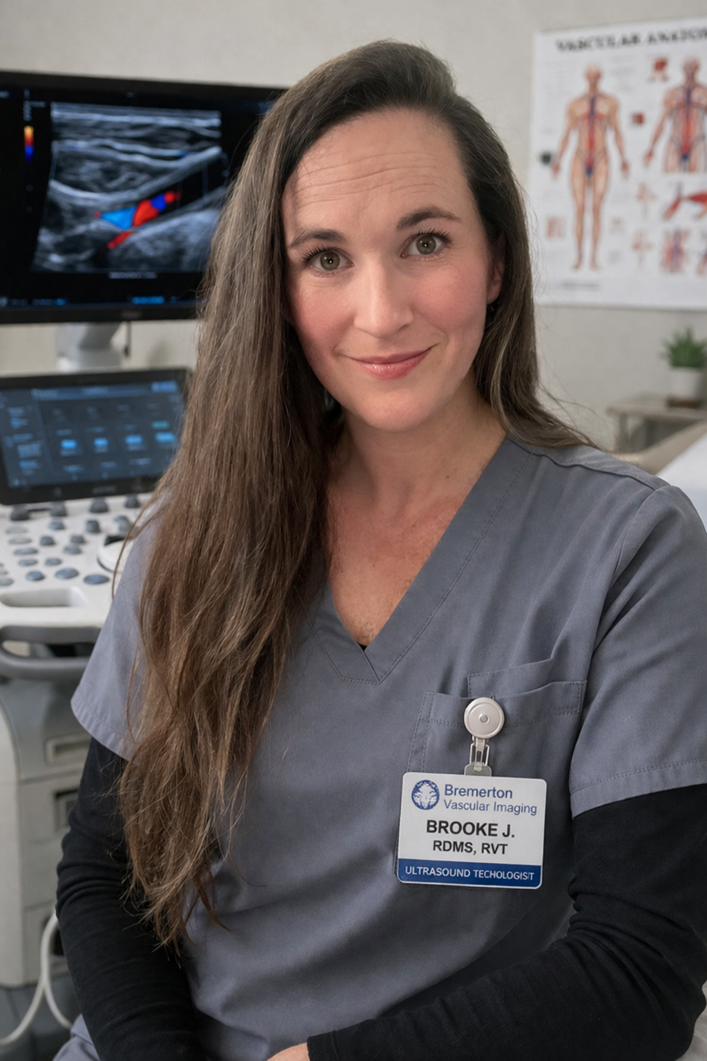 A woman wearing medical scrubs and a name badge that reads 'Brooke J., RDMS, RVT, Ultrasound Technologist' is sitting in a medical examination room. Behind her, there are ultrasound machines and a medical poster on the wall.