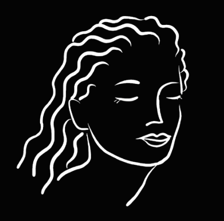 Illustration minimalist d'une femme avec les yeux fermés et des cheveux ondulés, dessin en lignes blanches sur fond noir.