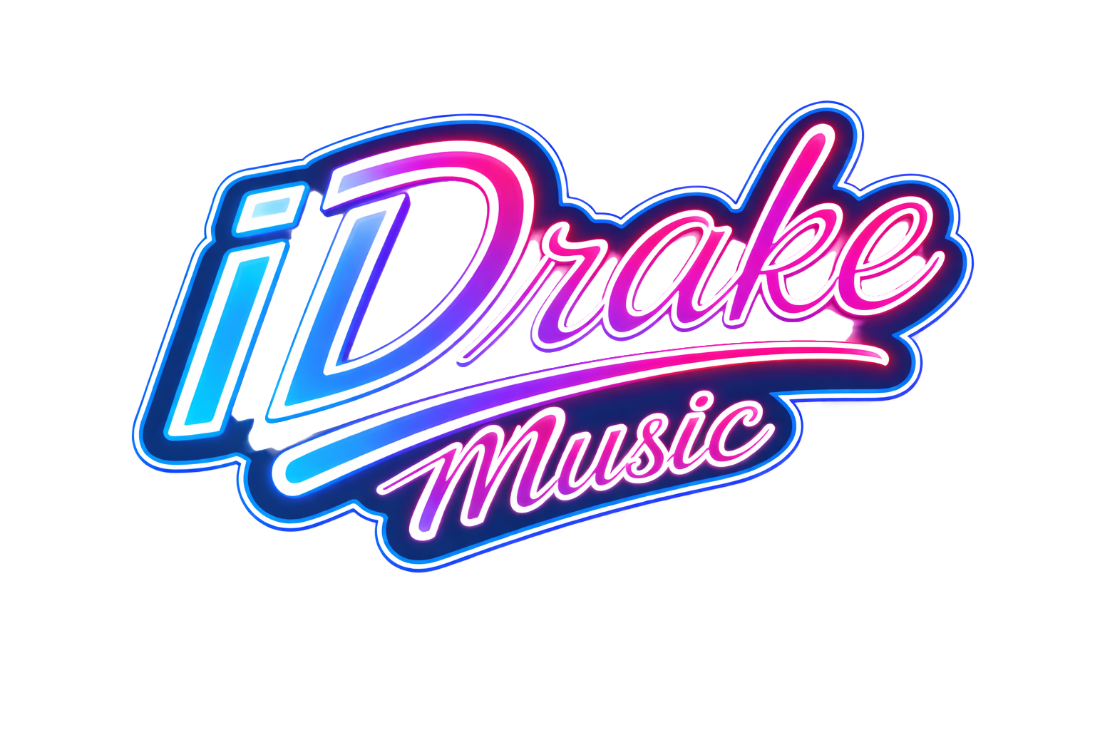 Neon sign reading "iDRake Music" in bright blue, pink, and purple lights
