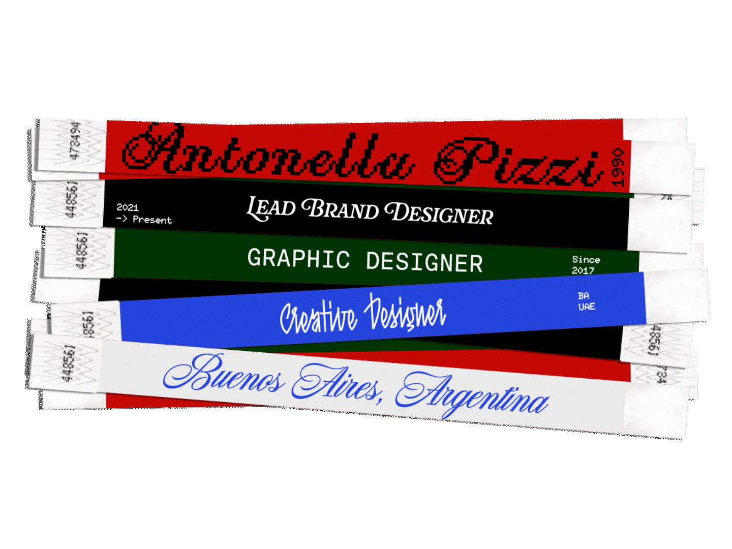 Stack of five colorful ticket-style labels with various designations and text in different fonts, including 'Antonella Pizza,' 'Lead Brand Designer,' 'Graphic Designer,' 'Creative Designer,' and 'Buenos Aires, Argentina.