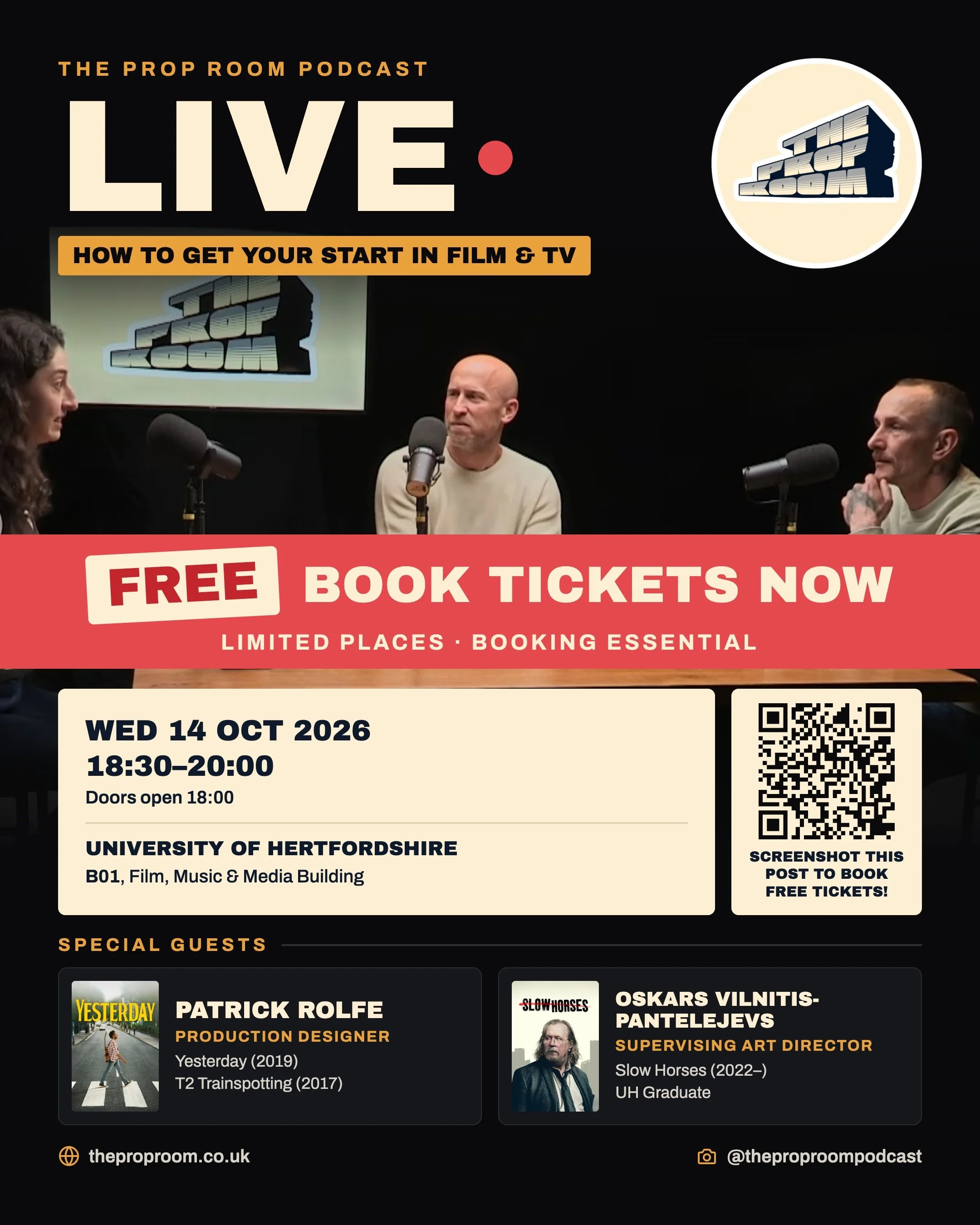 The Prop Room Podcast is going LIVE at the University of Hertfordshire. Entry is FREE, but places are limited, so book now to guarantee your seat.

Join hosts @proponthehop (Prop Master) and @mrleenewell (Prop Standby) for a live recording with two g