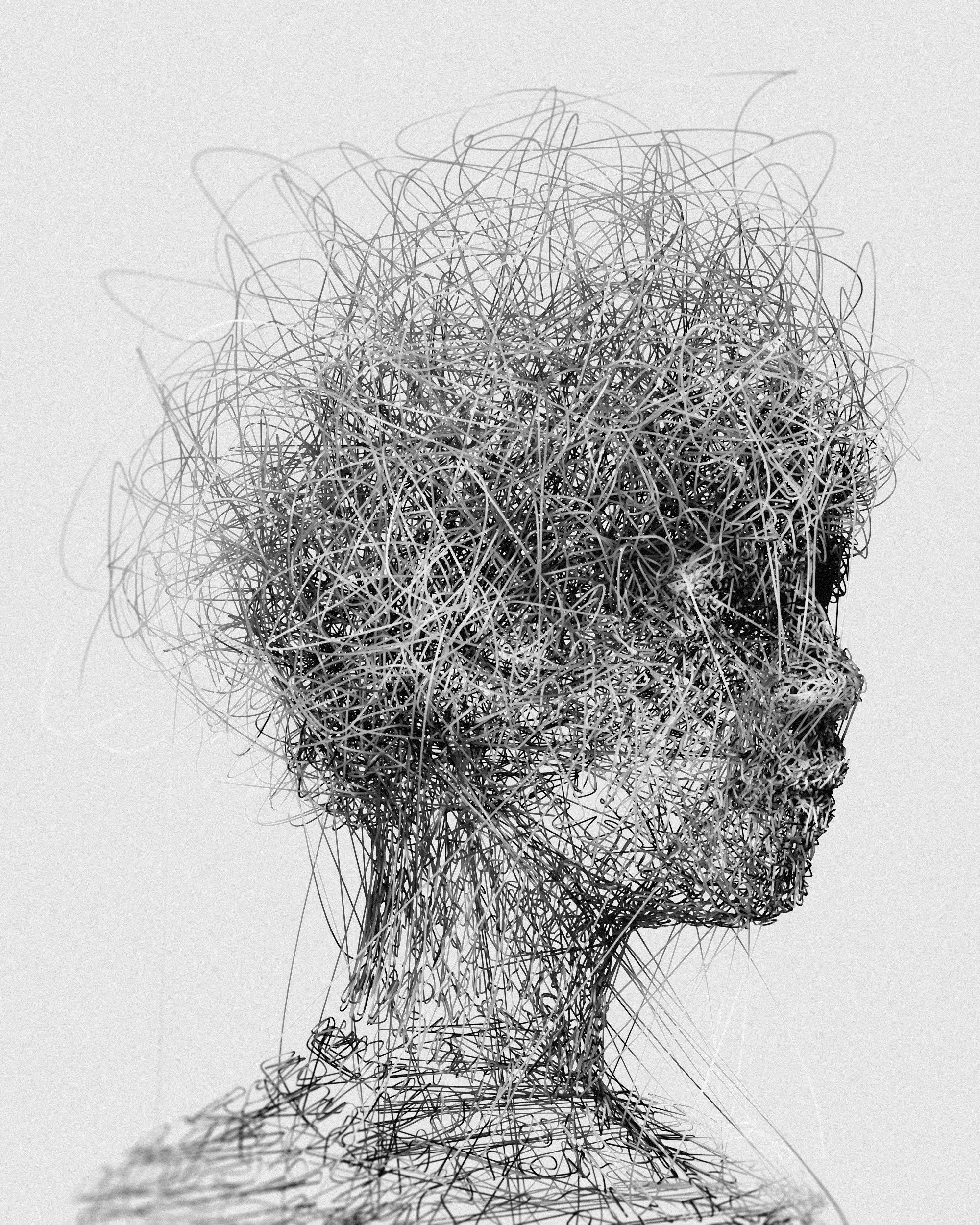 A sculpture or art piece made of tangled, thin, wire-like material forming an abstract human head profile with wires flowing downward.
