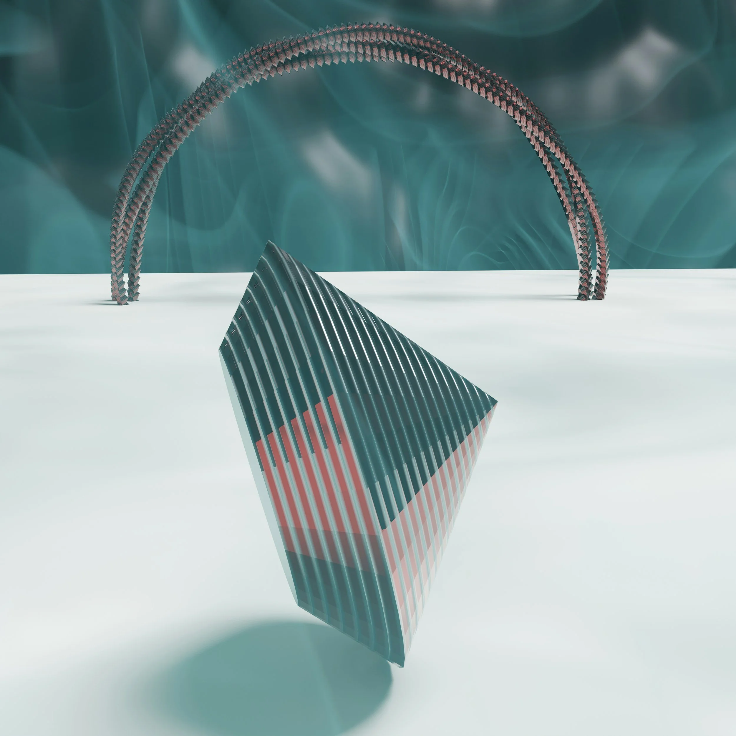 Abstract digital artwork featuring two curved, patterned arch shapes and a triangular object on a smooth, light background with a teal and gray color scheme.