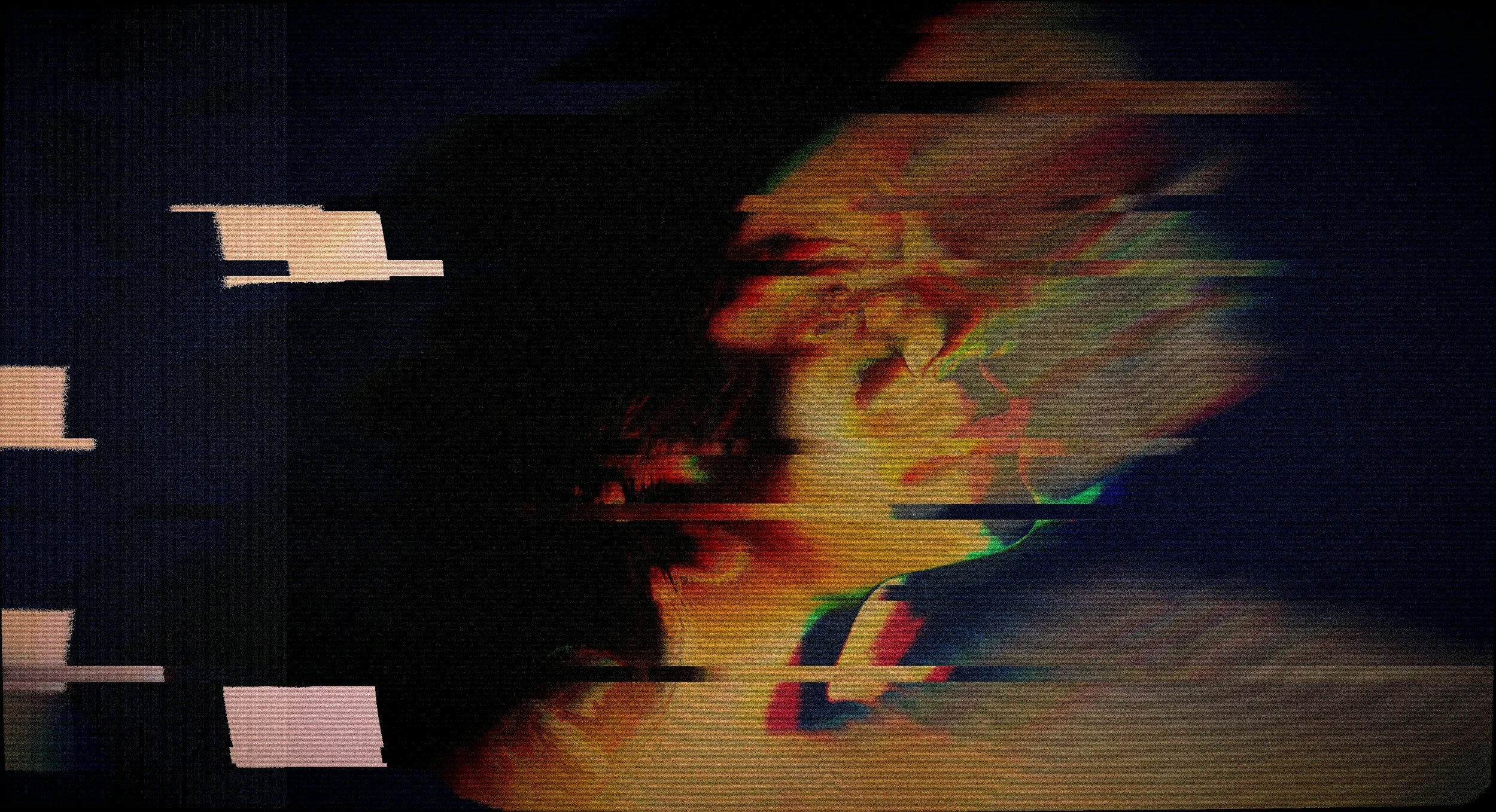 A distorted, glitch art-style image of a person with long hair and their hand on their mouth, with vivid red, yellow, and green colors and horizontal digital artifacts.