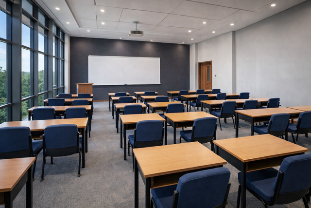 Modern classroom or conference room with wooden desks, blue chairs, large windows, whiteboard, and ceiling lights.