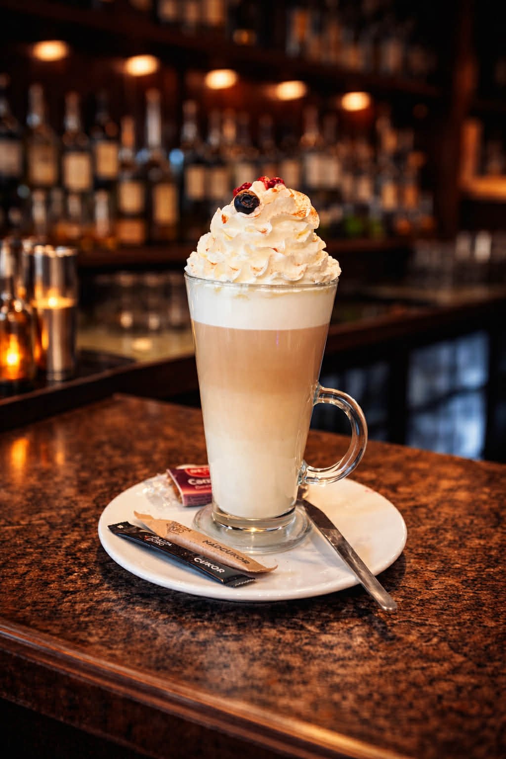 Coffee drink topped with whipped cream and garnished with a berry, served in a tall glass on a white plate with a spoon and sugar packets, in a dimly lit coffee shop.