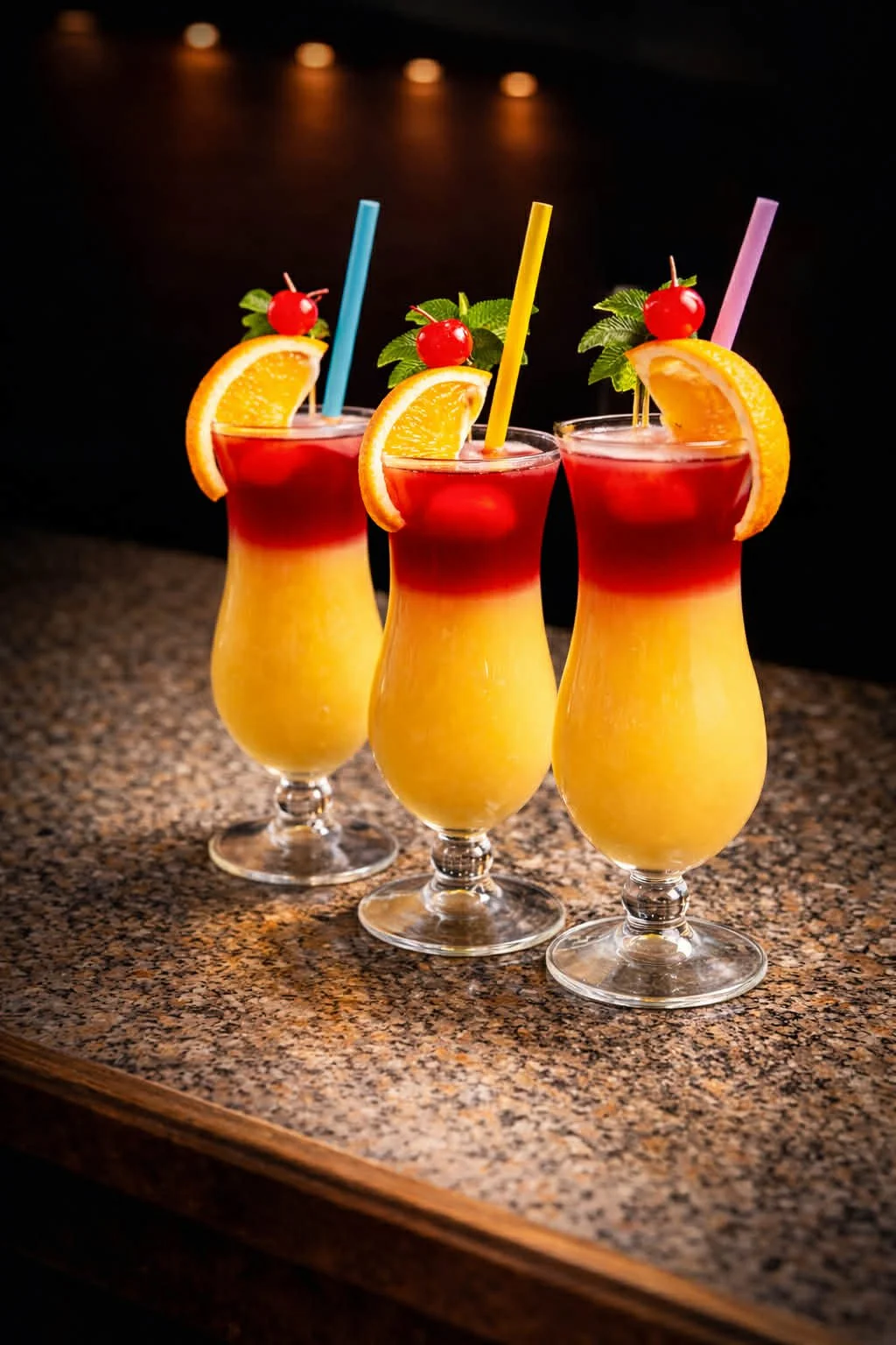 Three colorful tropical cocktails with orange slices, cherries, mint leaves, and straws on a granite bar counter against a dark background.