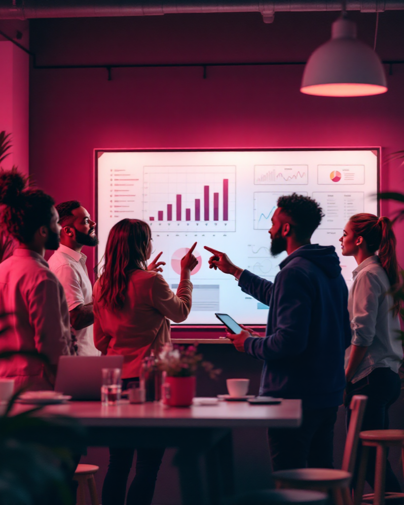 A diverse group of professionals in a meeting room discussing data charts displayed on a large digital screen, with graphs and pie charts, illuminated by pink/blue lighting.