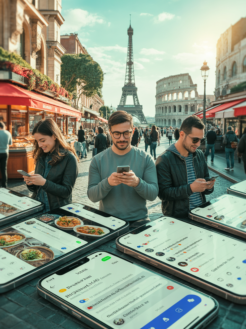 Three friends using smartphones at an outdoor market in Paris near the Eiffel Tower and the Colosseum replica, with dishes on the table in front of them.