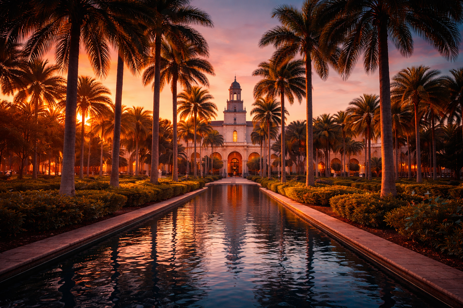 A scenic view of a grand building with a tower, surrounded by tall palm trees and lush greenery, during a colorful sunset with vibrant pink, orange, and purple sky reflected in a water feature leading toward the building.