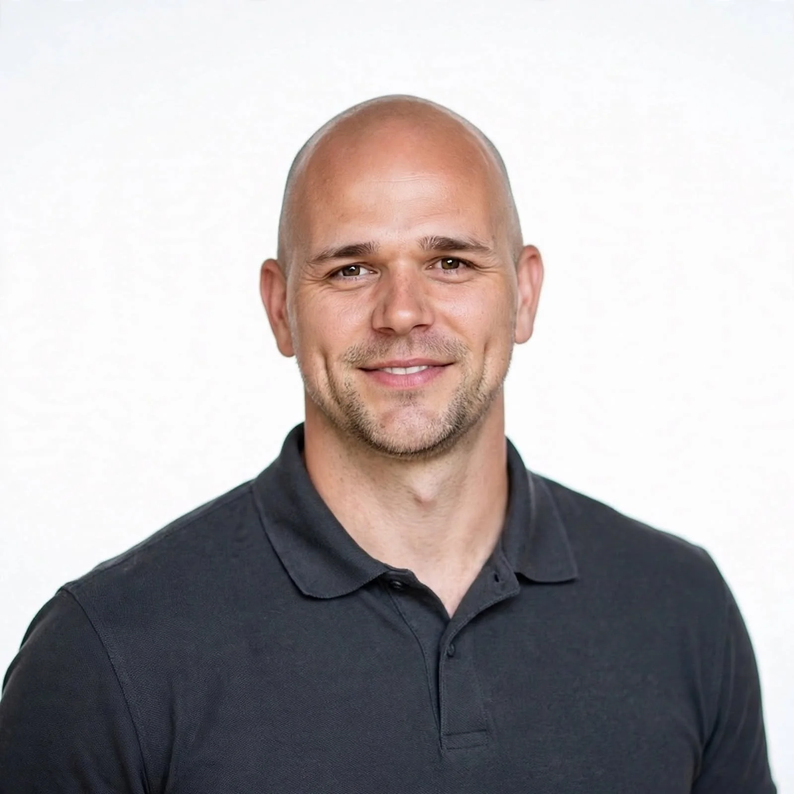 Headshot of a smiling man with a shaved head, wearing a black polo shirt, against a plain white background.