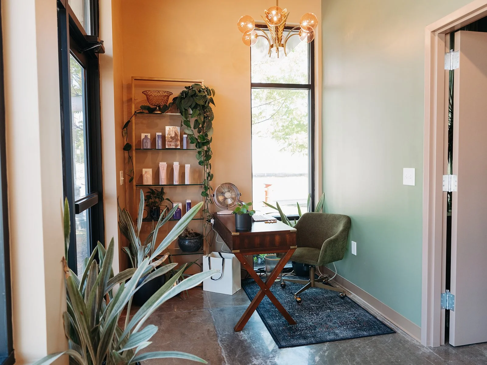 reception desk, oribe products, head spa, art deco