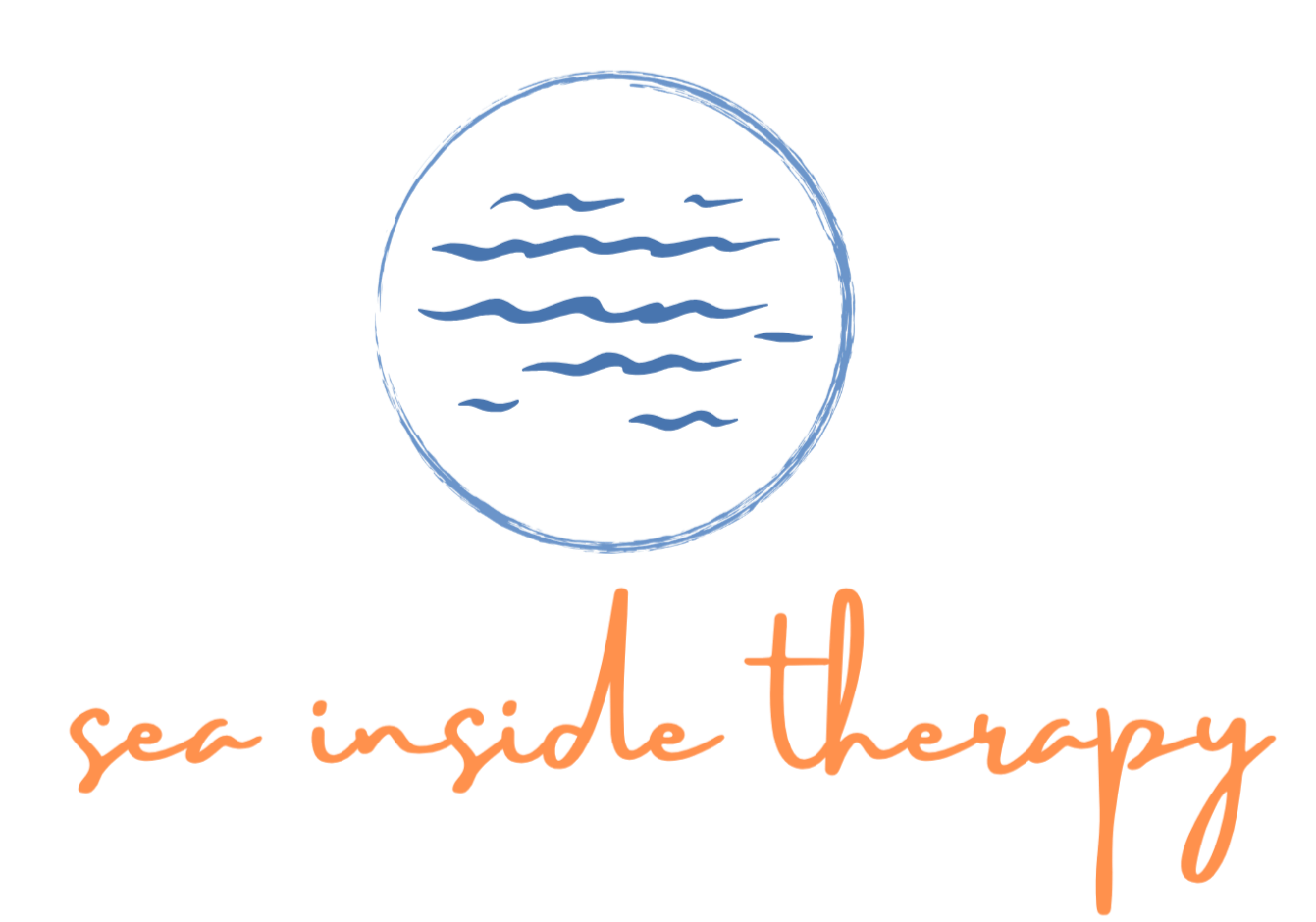 A circular logo with a blue wave pattern and the text 'sea inside therapy' beneath it in orange and yellow