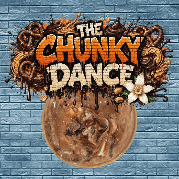 A chunky, funky, sweet, and salty masterpiece that doesn’t just break the rules, it dances the rules away. With a creamy vanilla base, pretzels and peanut butter cups for chunk, and a smooth ribbon of fudge, they all battle to be the star of the show