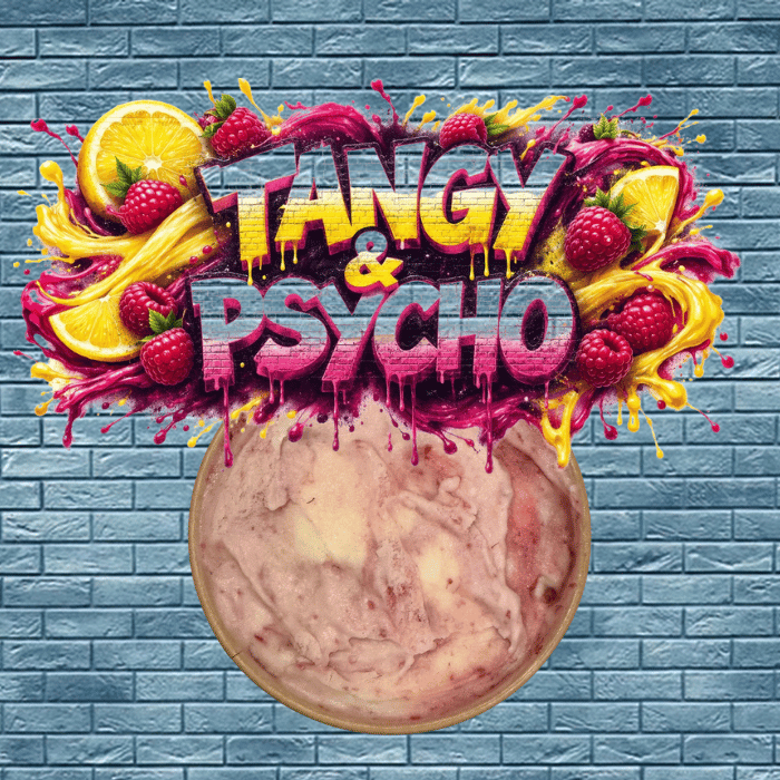 A bright lemon sweetheart with a raspberry streak that goes full psycho in the cutest way.
This scoop starts off all sunshine and citrus — until the raspberry swirl snaps in with a wild, tangy twist that keeps you on your toes. A little sweet. A litt