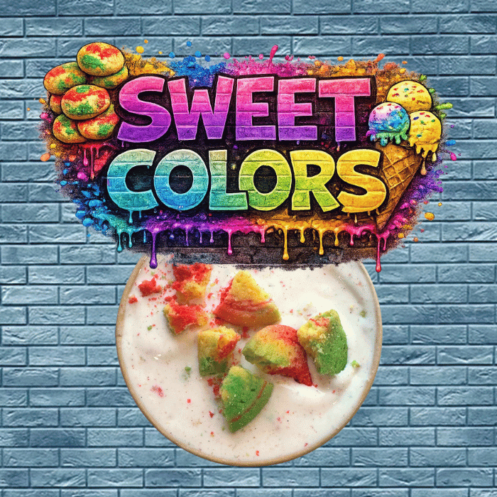 Creamy Vanilla ice cream loaded with rainbow cookie pieces, bright almond flavor shining through every scoop.  Sweet, nostalgic, and impossible to miss. If it’s not colorful, it’s not Sweet Colors.

True rainbow cookie flavor shining through!